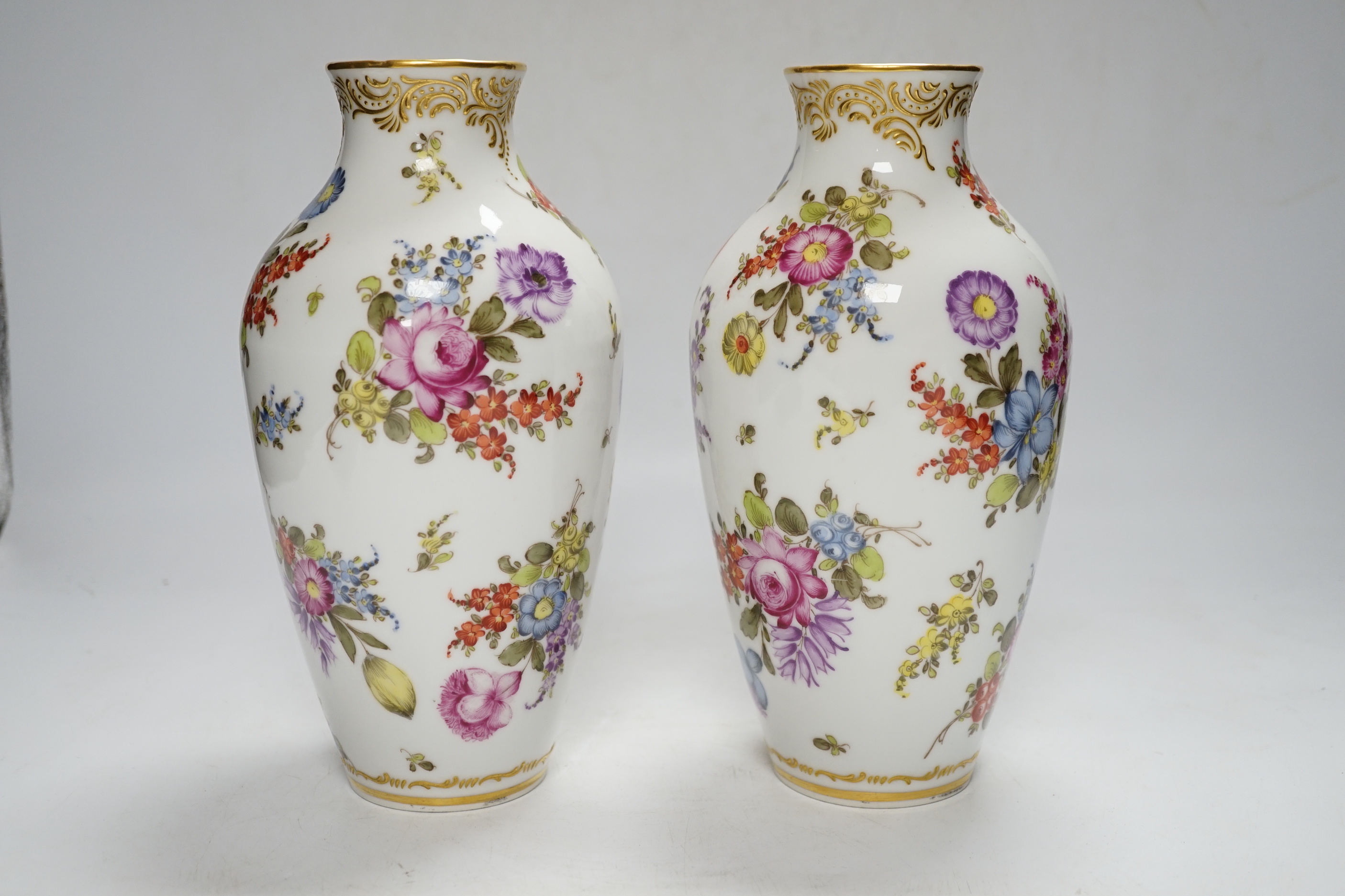 A pair of Dresden floral vases, painted with flowers, pseudo crossed swords marks, 22.5cm